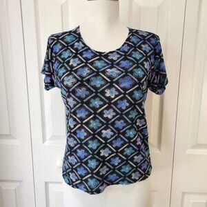 PRIMA CLASSE Semi-Sheer Boxed Flower Short Sleeve Top sz L EUC Spring Summer